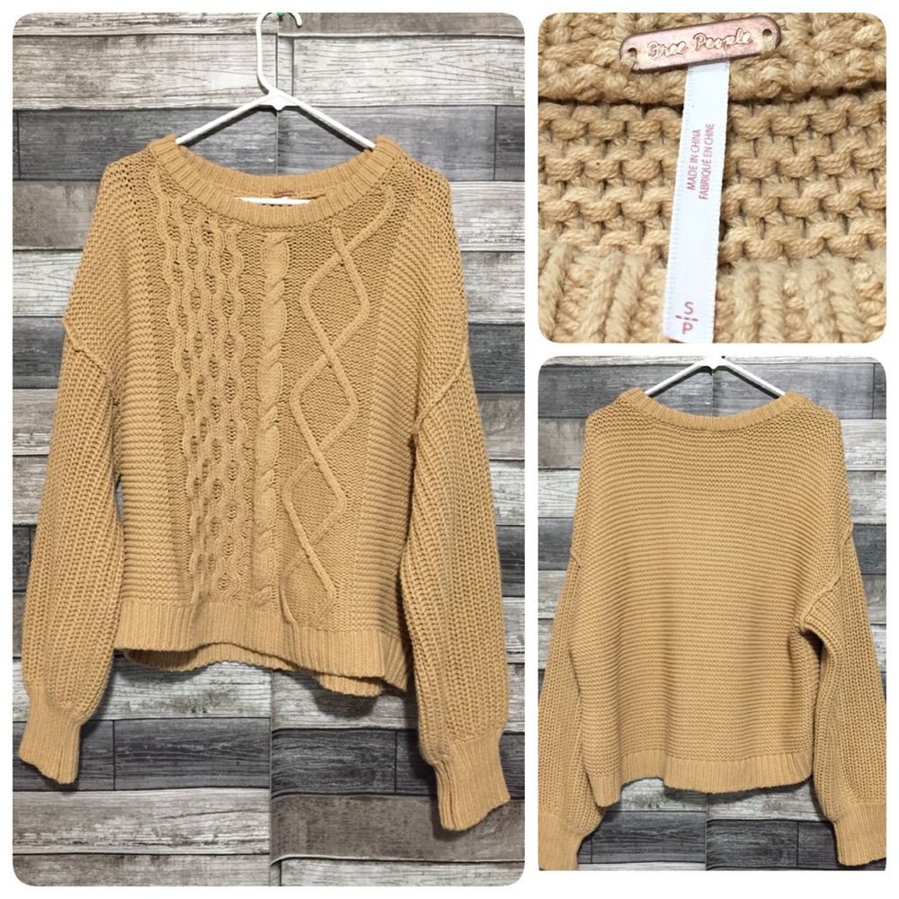 Free People Cable Knit Sweater Women’s S Tan Beige Drop Shoulders Pullover